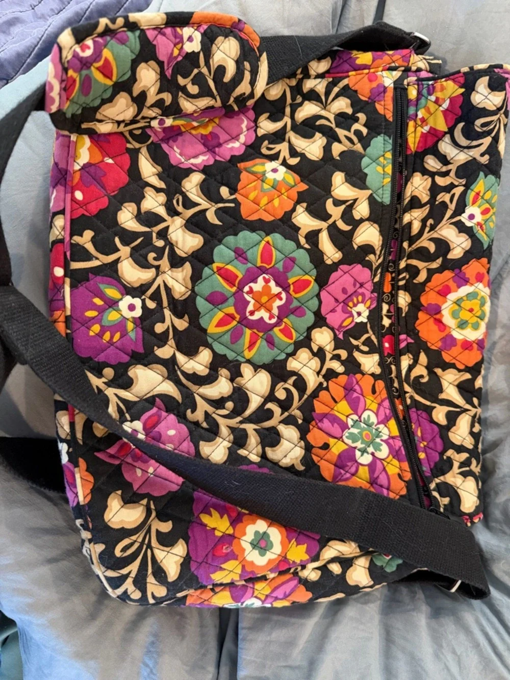 Vera Bradley Black Floral Quilted Laptop Bag with Pink, Purple, Orange Accents